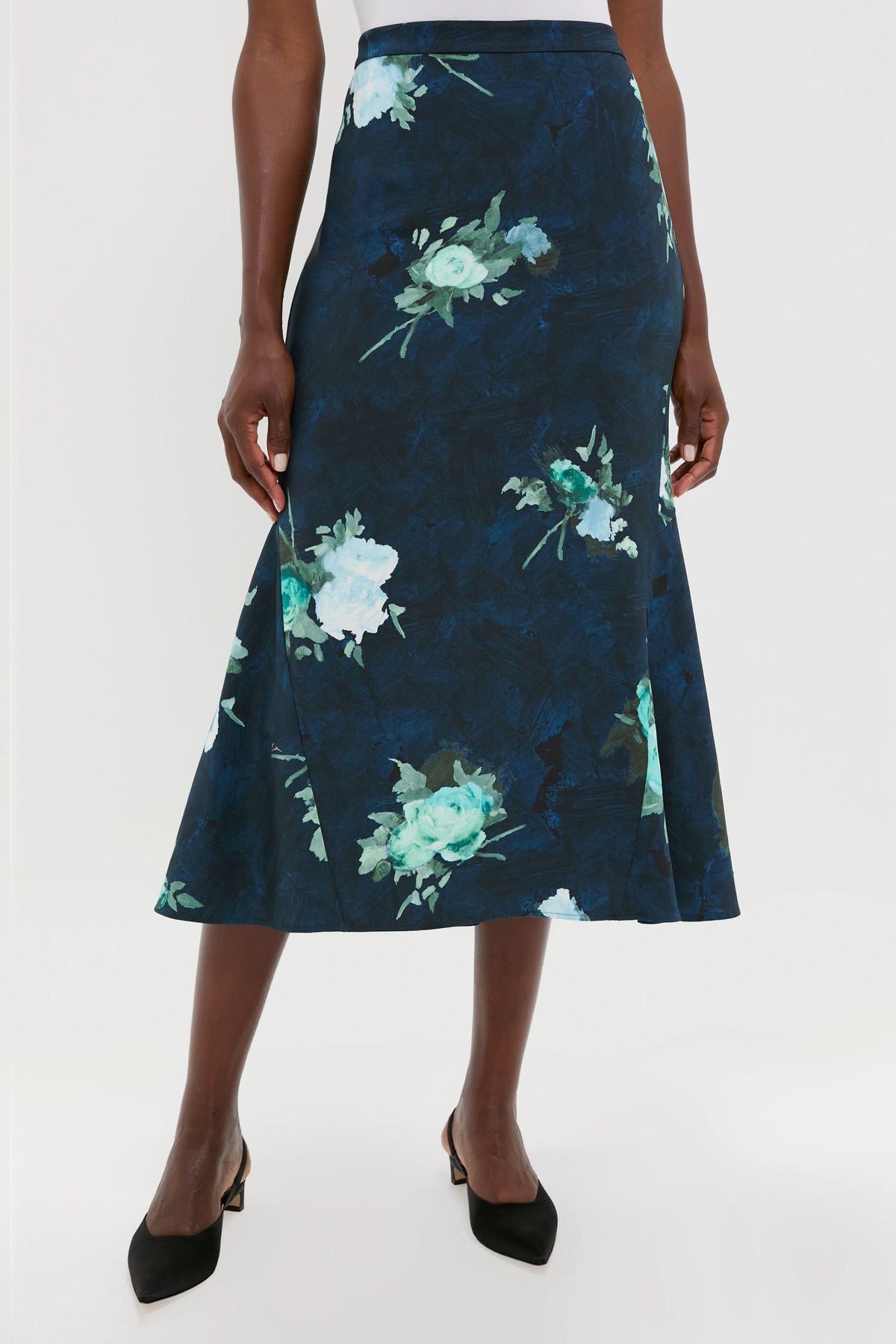 Abstract Rose Navy Fluted Midi Skirt