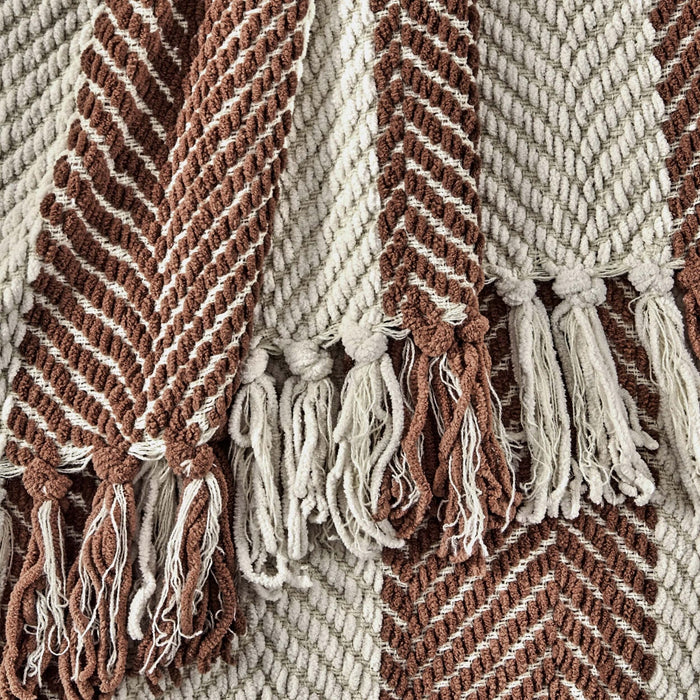 Chenille Stripe Tassel Herringbone Sofa Throw - Rust/Cream - DUSK