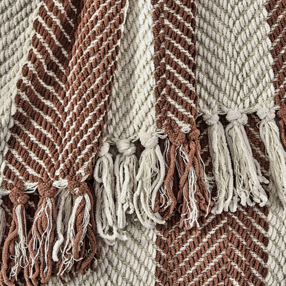 Chenille Stripe Tassel Herringbone Sofa Throw - Rust/Cream - DUSK