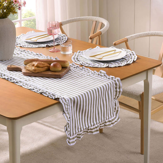 Edith Stripe Frill Edge Table Runner - Olive Green - DUSK