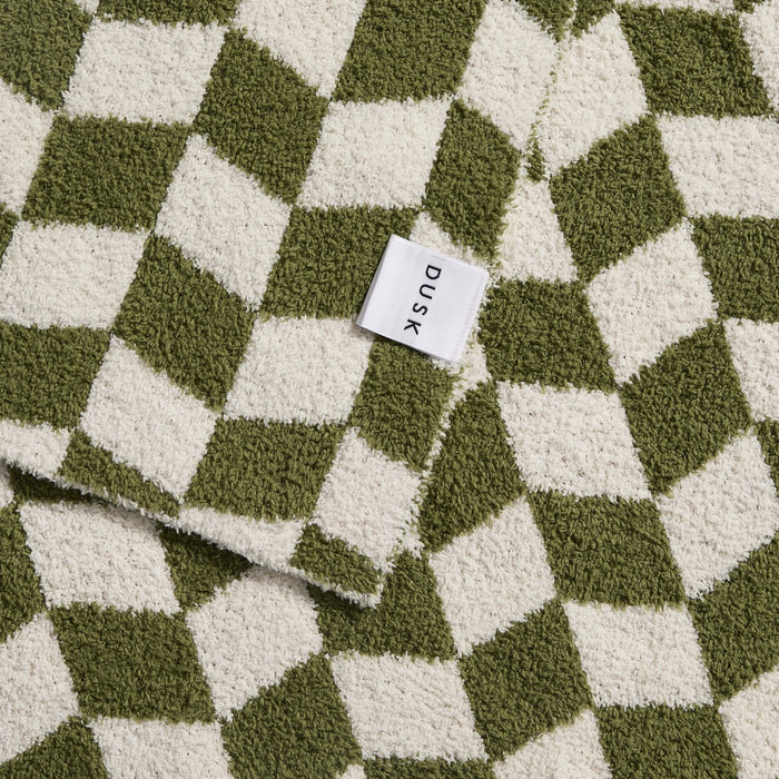 Fluffy Knit Checkerboard Sofa Throw - Olive - DUSK