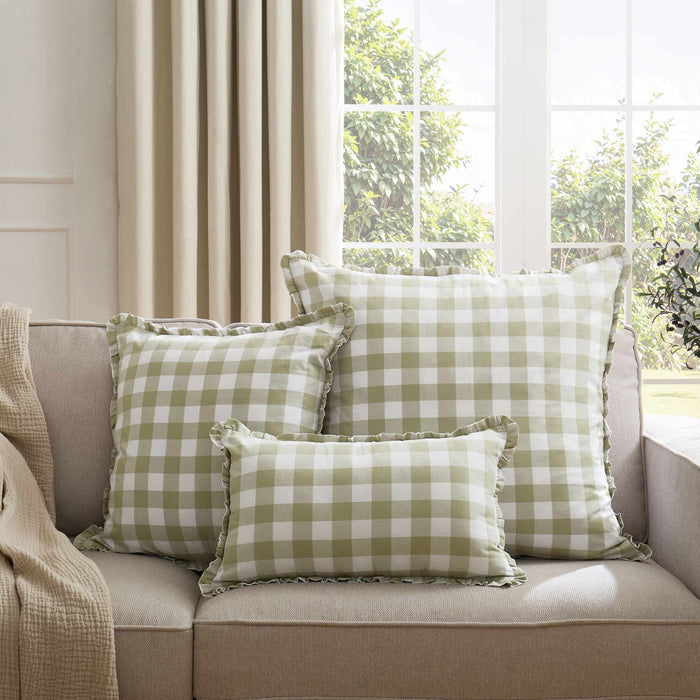 Gingham Square Frill Edge Sofa Cushion Cover - Sage - DUSK