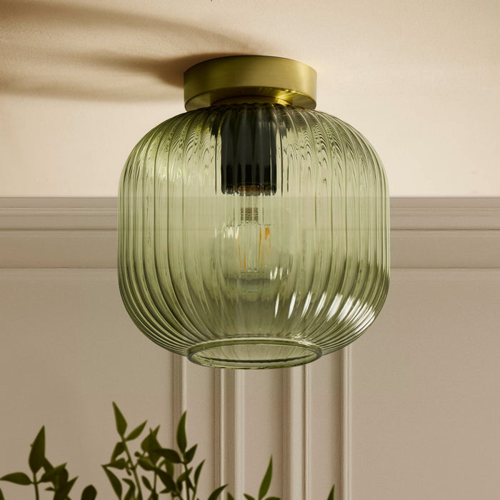 Jules Ribbed Glass Flush Ceiling Light - Green/Gold - DUSK
