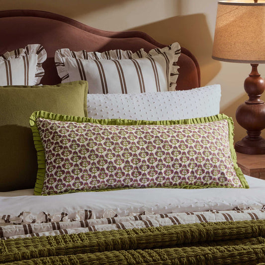 Julia 100% Cotton Box Pleat Edge Printed Cushion Cover - Purple/Green - DUSK
