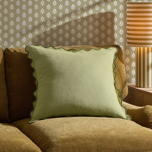 Linen Blend Scallop Edge Sofa Cushion Cover - Green - DUSK