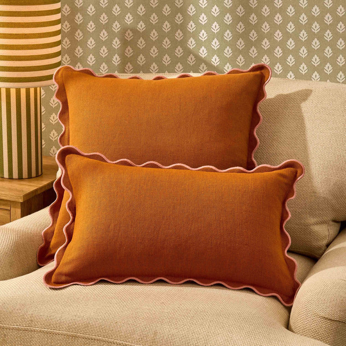 Linen Blend Scallop Edge Sofa Cushion Cover - Orange/Pink - DUSK