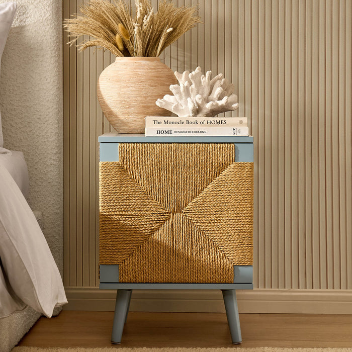 Lottie Woven Bedside Table with Door - Sky Blue - DUSK