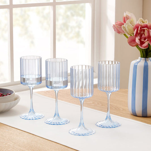 Lucinda Scalloped Edge Contrast Stem Wine Glasses - Set of 4 - Blue - DUSK