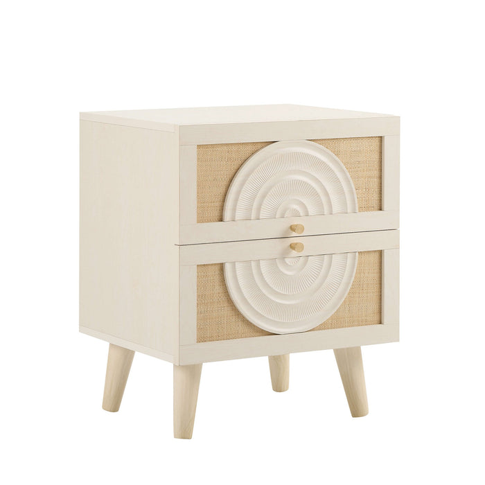 Raven Rattan 2 Drawer Bedside Table - Cream Oak Effect - DUSK