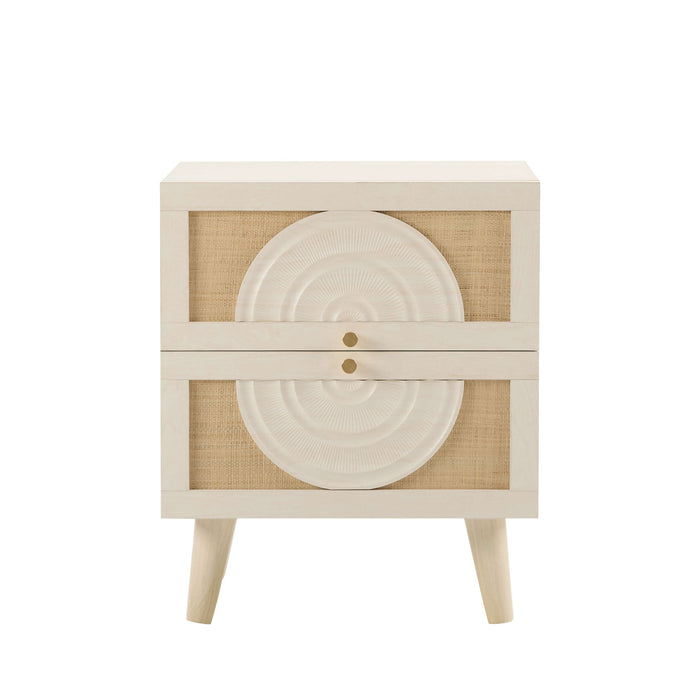 Raven Rattan 2 Drawer Bedside Table - Cream Oak Effect - DUSK