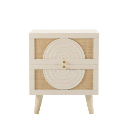 Raven Rattan 2 Drawer Bedside Table - Cream Oak Effect - DUSK